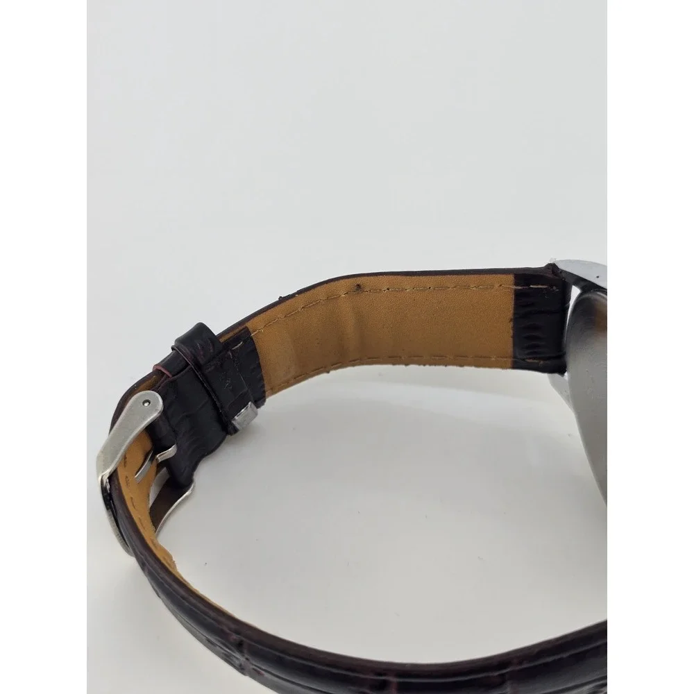 Men's Analog Watch 45MM Brown Dial Dark Brown Faux Leather Bands New Battery